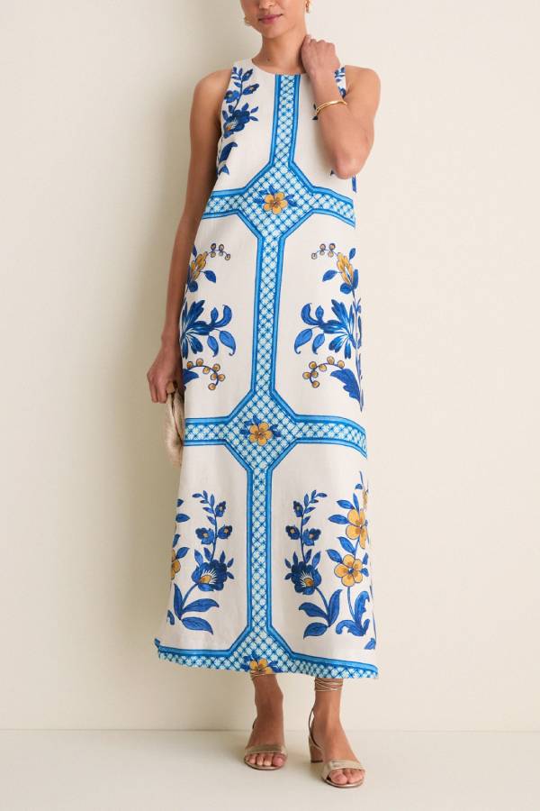 Vintage Blue‑and‑White Floral Print Sleeveless Linen Maxi Dress