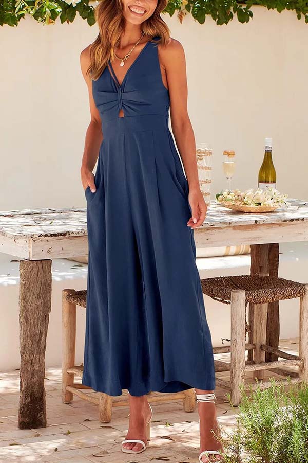 2023 SUMMER V NECK CUTOUT ADJUSTABLE STRAPS WIDE LEG JUMPSUITS Navy blue