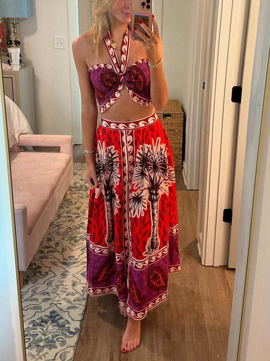 Retro Paulownia Palm Tree Printed Skirt Two Piece Set