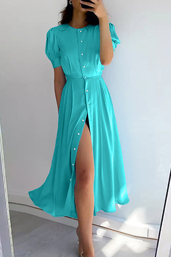Elegant commuter high waist split mid-length dress Blue
