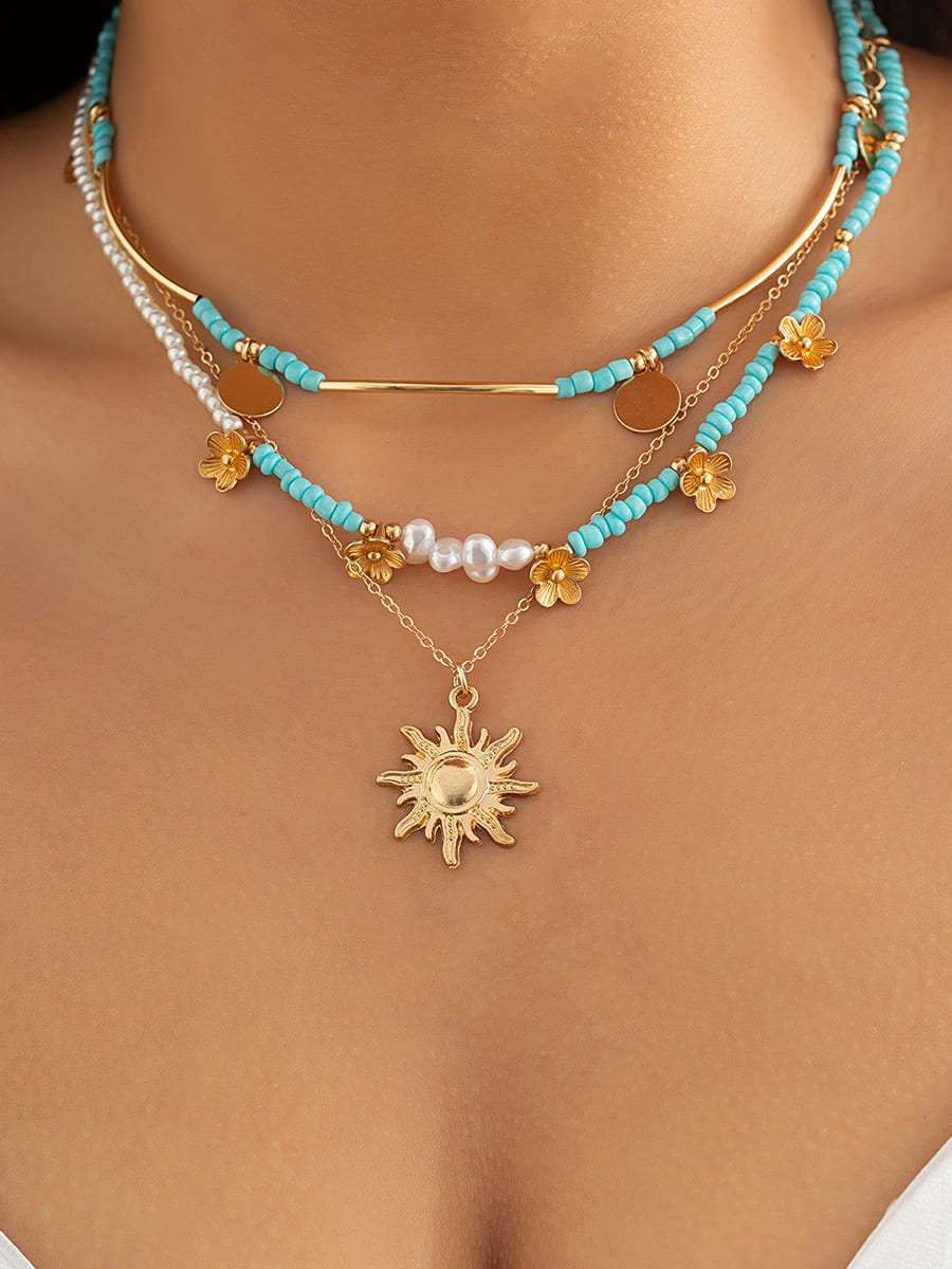 3pcs Sun & Floral Faux Pearl Beaded Necklace 3pcs one size