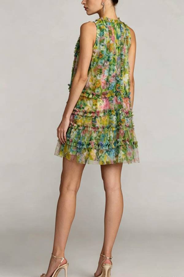 Lorei Mesh Floral Print High Neck Sleeveless Ruffle Trim A-line Mini Dress