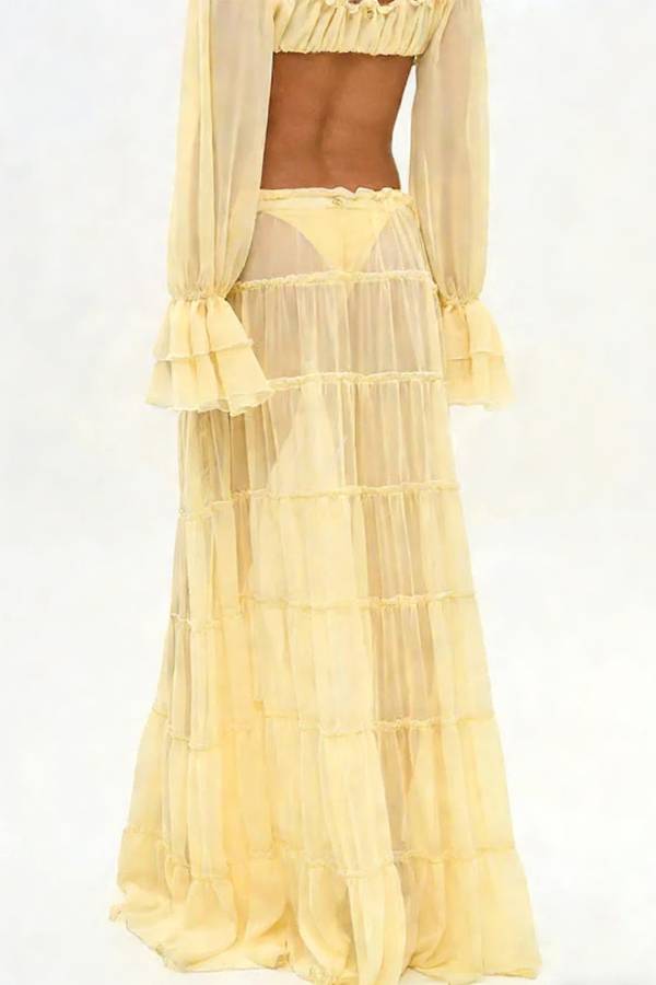 Gentle Sunshine Off Shoulder Long Bell Sleeve Crop Top and Elastic Waist Layered Cover-up Maxi Skirt Set