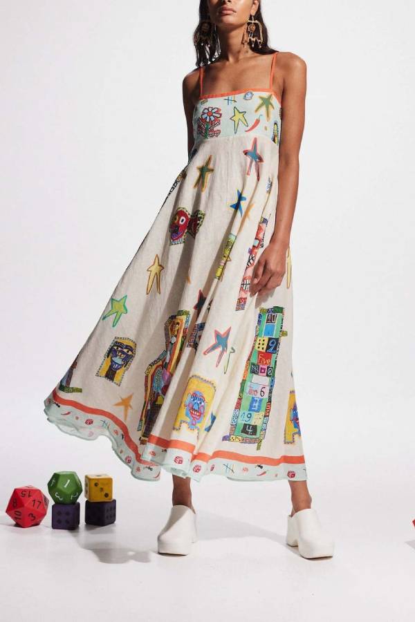 Artistic Graffiti Print Contrast Strap Maxi Dress