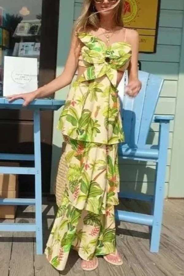 Floral Hollow Pleated Sleeveless High Waist Maxi Dress Green