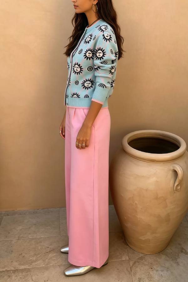 Vintage Sun Jacquard Knit Cardigan & High Waist Wide‑Leg Pants Two‑Piece Set