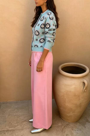 Vintage Sun Jacquard Knit Cardigan & High Waist Wide‑Leg Pants Two‑Piece Set