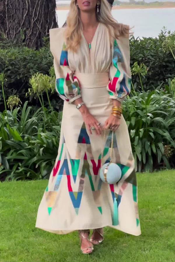 Vintage Geometric Print Padded Shoulder V-neck Waisted Maxi Dress