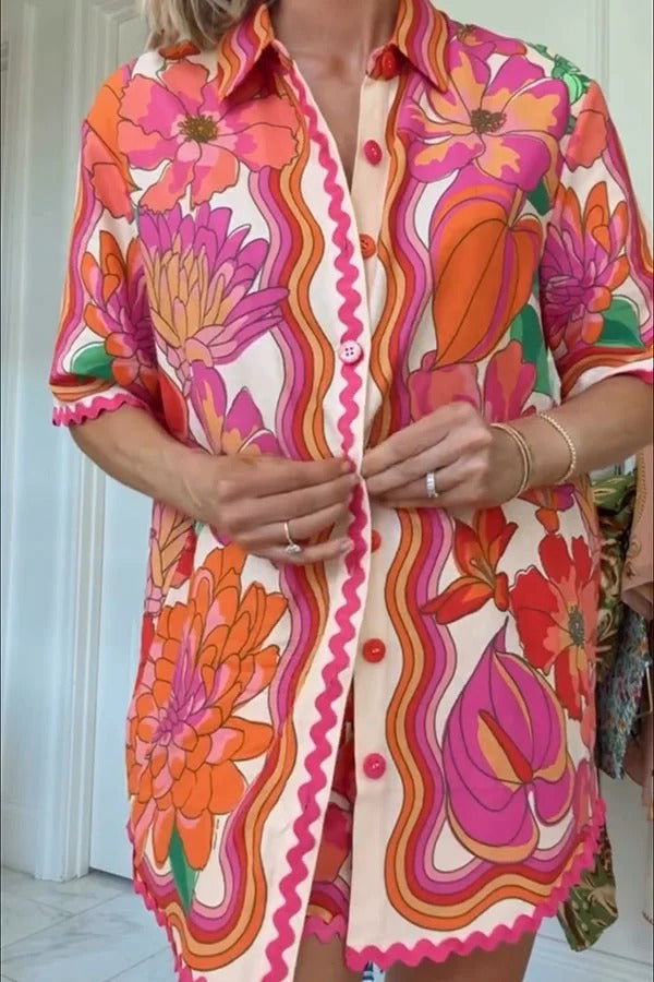 Ensemble chemise boutonnée à manches courtes et short ample à taille élastique avec imprimé unique Neima 