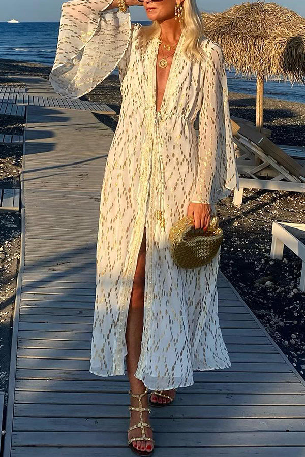 Gold Glow Drawstring Elastic Waist Bell Sleeve Cover-up Kimono Maxi Dress