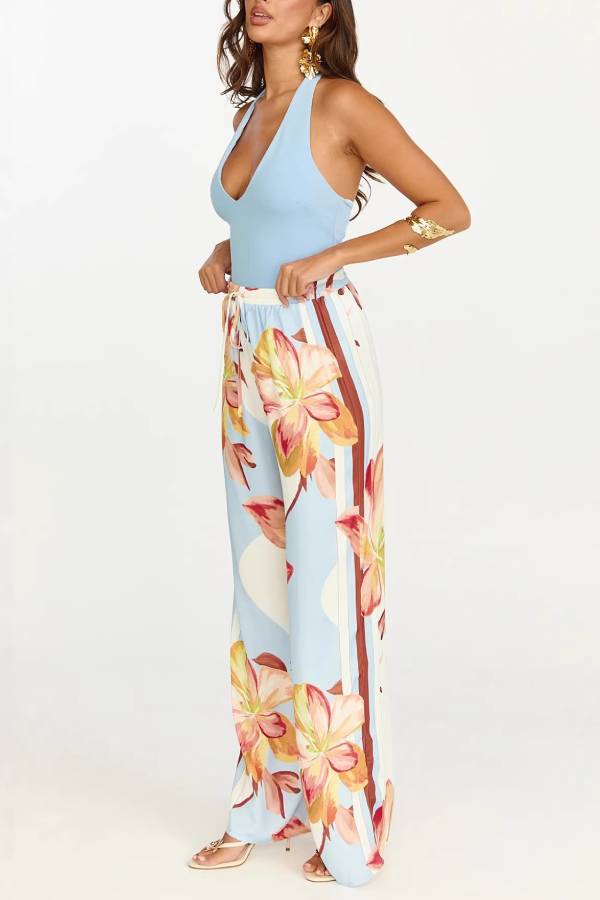 Tropical Floral Print High Waist Elastic Wide Leg Pants