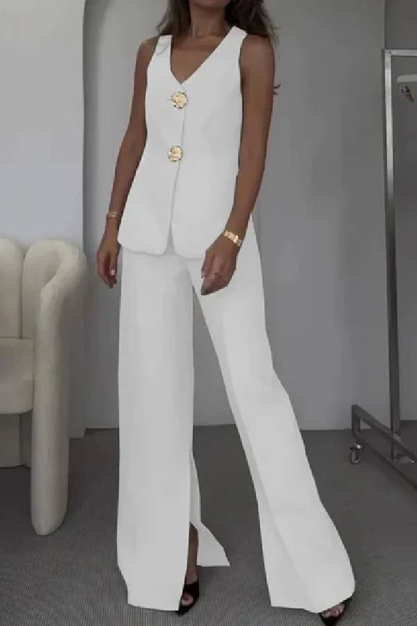 Solid Color Elegant Sleeveless Vest & Suit Pants Two-Piece Set White