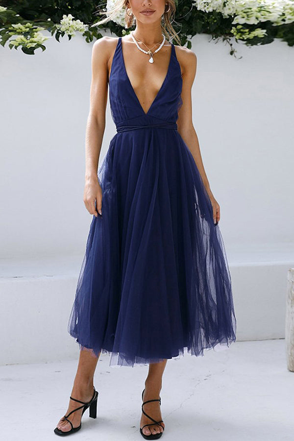 Summer Sexy Mesh Dress V-Neck Flowy Dress Dress Blue