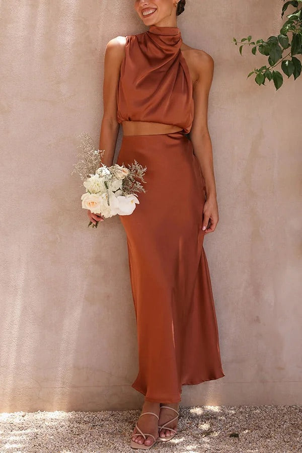 Such A Vibe High Neck Satin Drape Maxi Skirt Set Rust