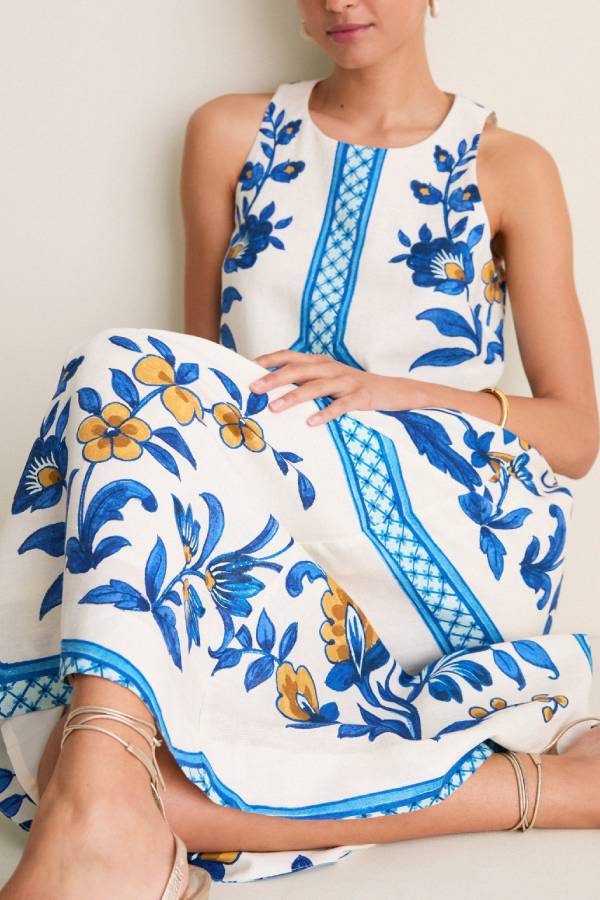 Vintage Blue‑and‑White Floral Print Sleeveless Linen Maxi Dress