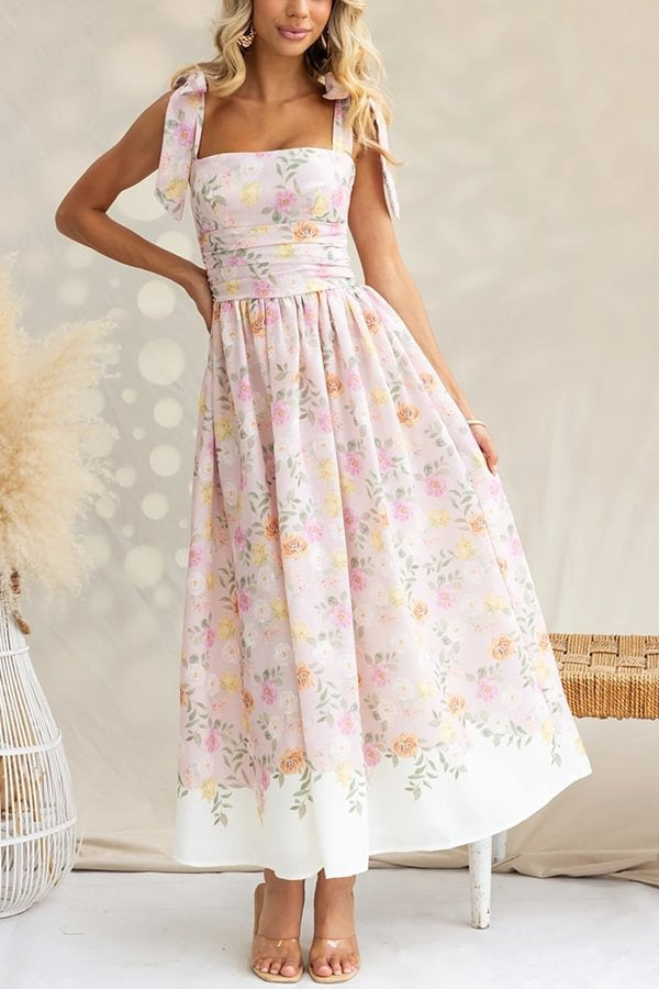 Elegant Floral Print Suspenders Slim Maxi Dress