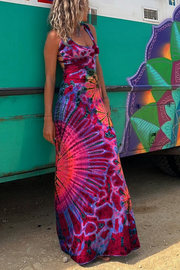 La Bamba Tie-dye Print Back Lace-up Stretch Maxi Dress Red