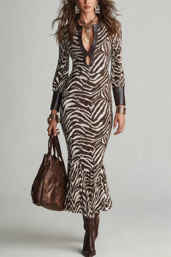 Brown Zebra-Print Cut-Out Keyhole Neck Maxi Dress