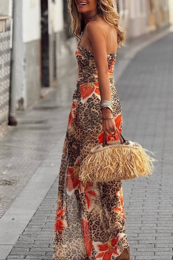 Strapless Tulle Dress with Animal Print and Flowers