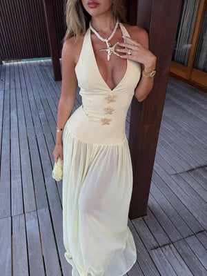 Modisches Neckholder-Maxikleid mit tiefem V-Ausschnitt und Schnürung