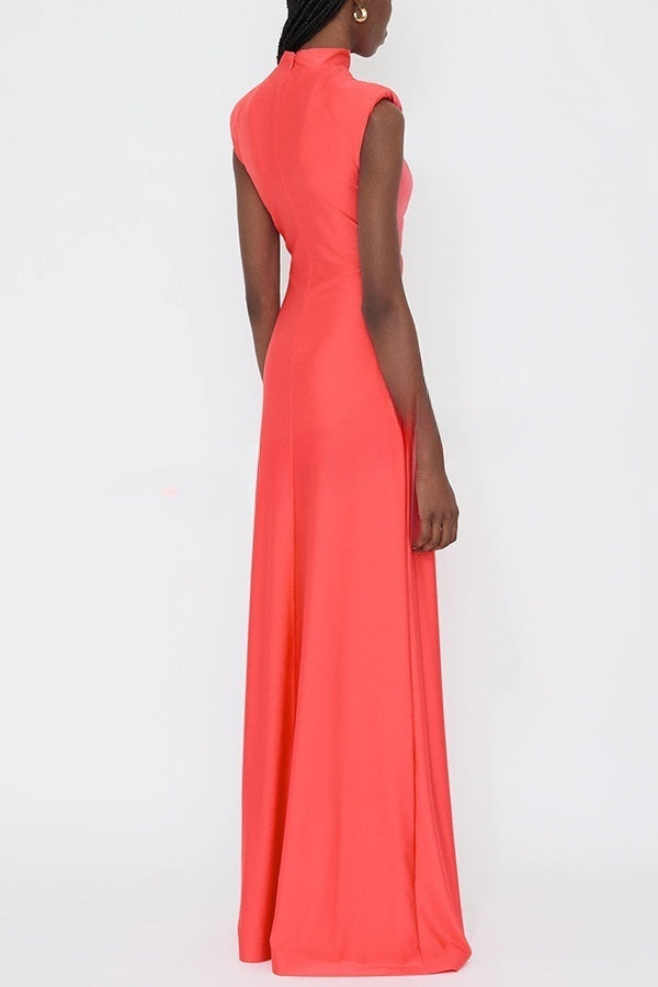 Genis Hollow Elastic Bust High Neck Sleeveless Gathered Maxi Dress