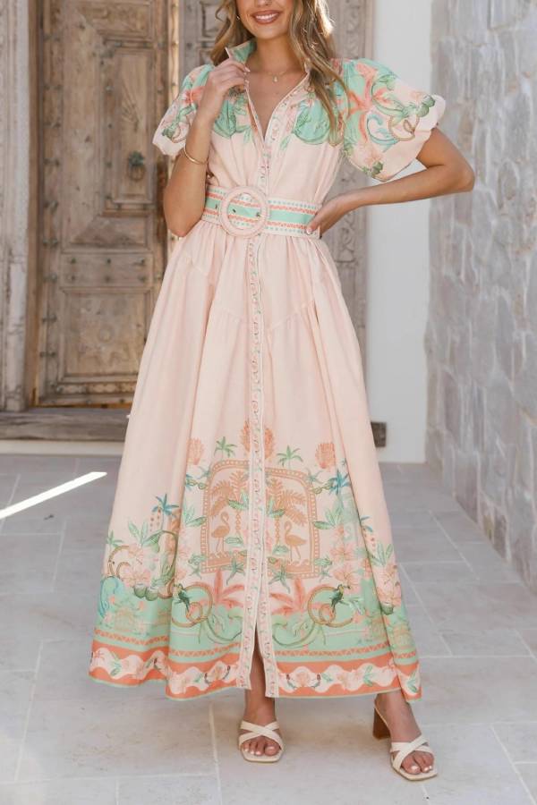 Flamingo Print Puff Sleeve Waist-Cinched Shirt Maxi Dress