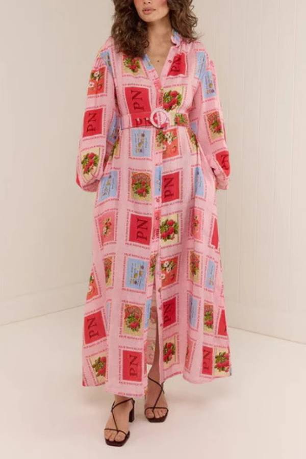 Puff Sleeve Tie-Waist Novelty Print Maxi Shirt Dress
