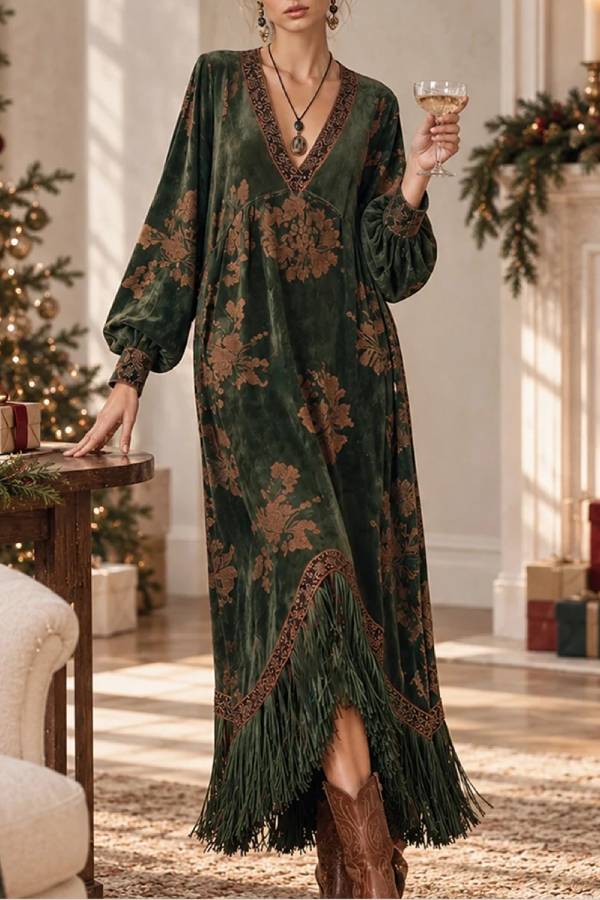 Retro Silhouette Printed Green Faux Suede Tassel Maxi Dress