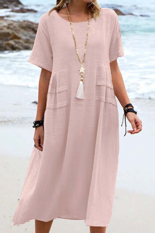 Summer loose casual cotton and linen solid color round neck short-sleeved mid-length dress Pink