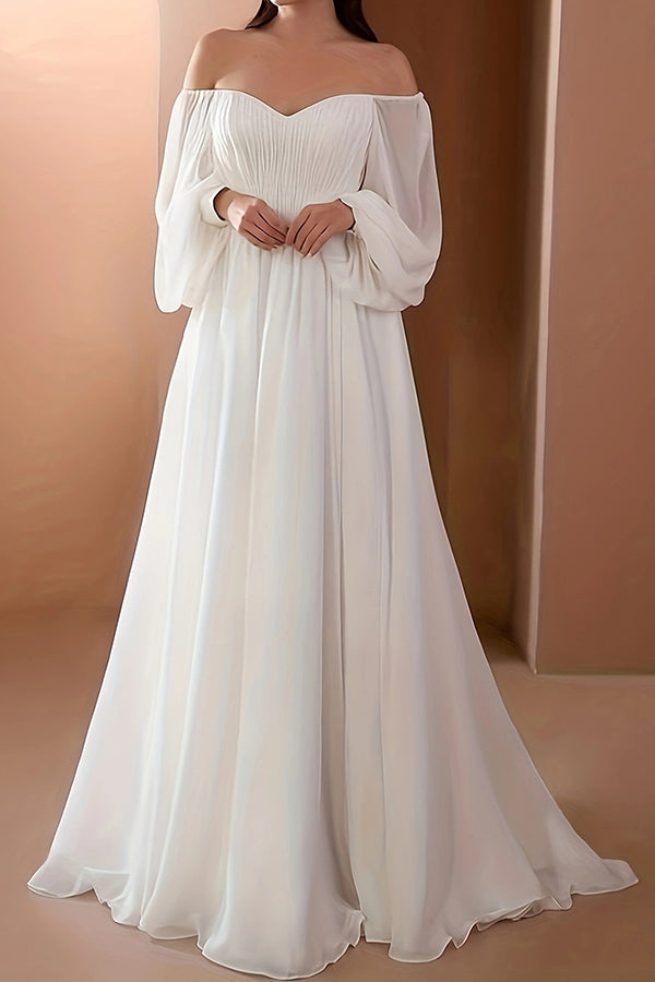 One-line collar plus size solid color long dress White