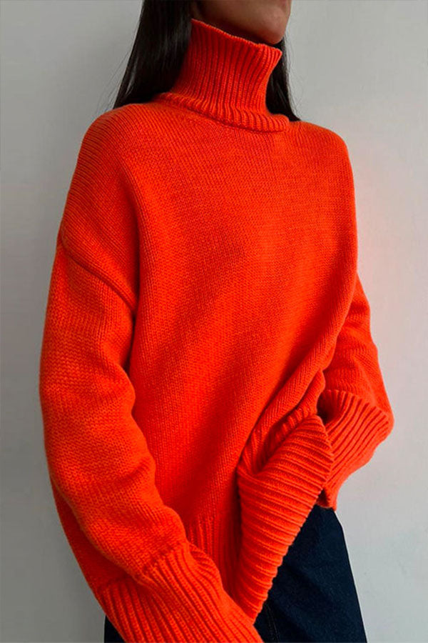 Turtleneck Drop Shoulder Slouchy Knitting Sweater Orange
