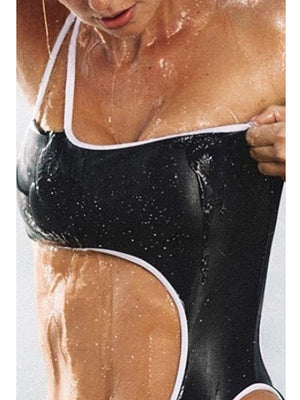 One Shoulder Cutout Patchwork Black One-piece Swimsuit