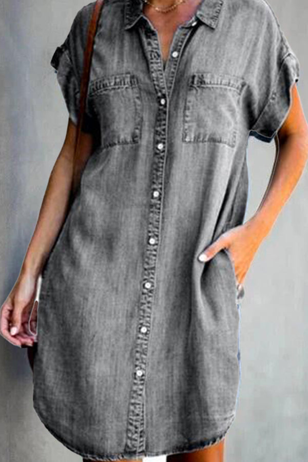 short sleeve slim denim midi dress Grey