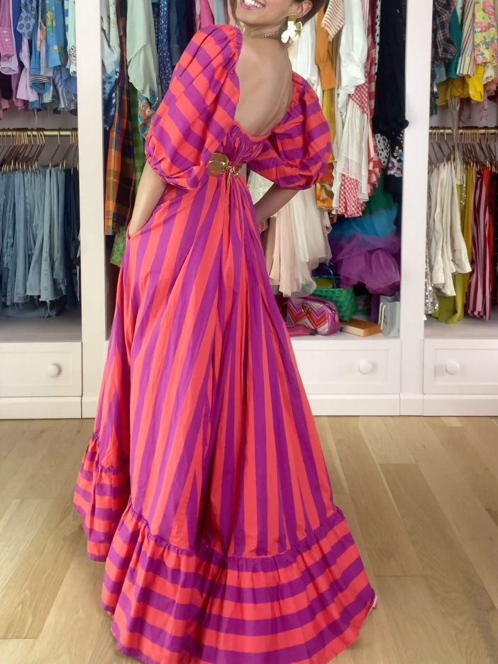 Atemberaubendes, einzigartiges Maxikleid mit Puffärmeln und Streifenmuster