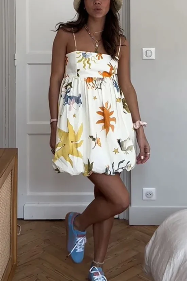 Sweet Print Mini Dresses Fashion Loose Sleeveless Backless Dress Gold