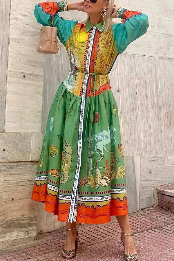 Puts A Smile Unique Print Lapel Lantern Sleeve Waist Tie Midi Dress