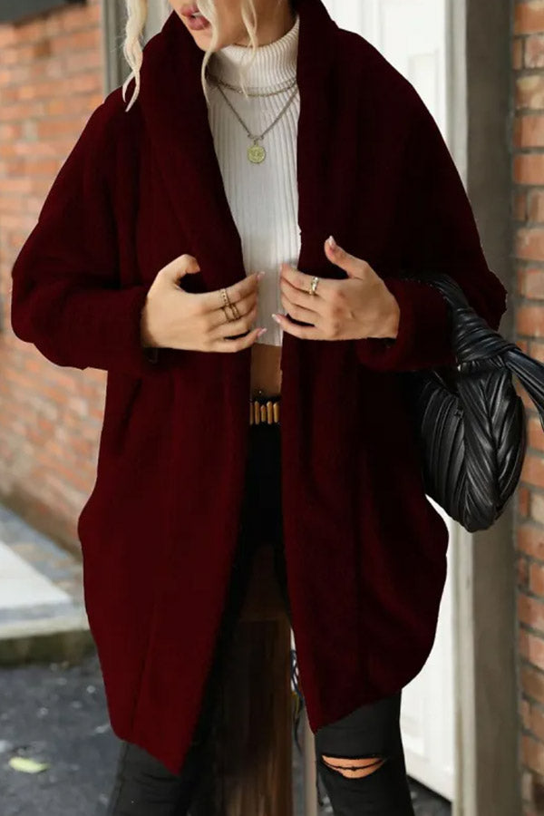 Loose Casual Solid Color Plush Buttonless Lapel Long Sleeve Coat Jujube