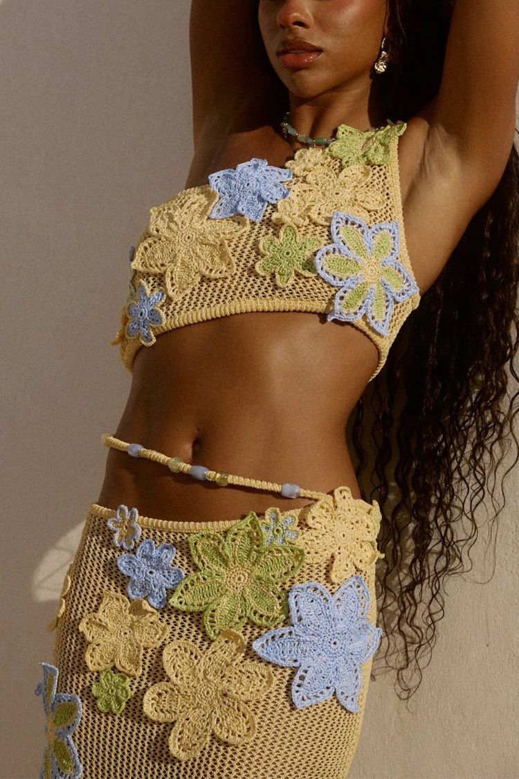 Susanna Knit Crochet Handmade Flower One Shoulder Stretch Crop Tank