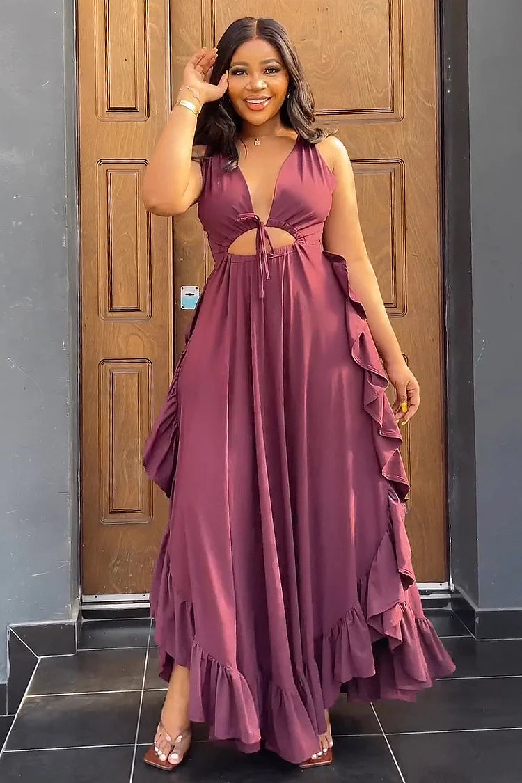 DEEP V NECK CAMI ASYMMETRIC RUFFLED A-LINE VACATION MAXI DRESS Red