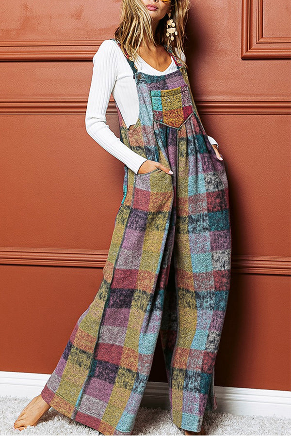 Brushed Checked Pockets Pleated Wide Leg Overall Multicolor