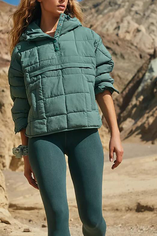 Solid Color Hooded Padded Foldable Padded Pullover Pocket Long Sleeve Jacket Malachite green