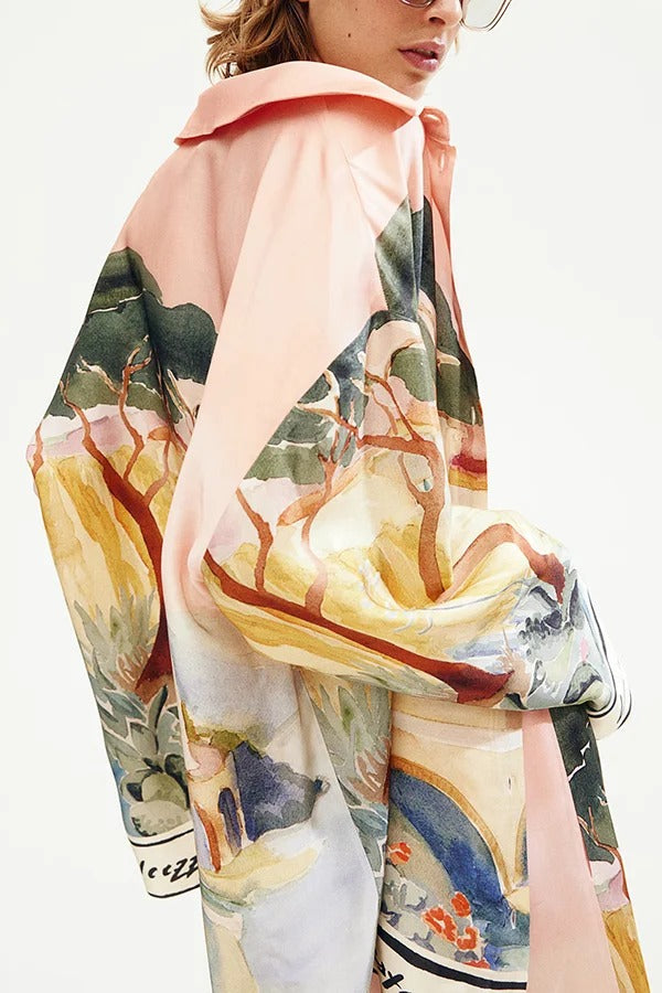 Unique Print Lapel Long Sleeve Loose Shirt and Elastic Waist Casual Pocket Shorts Set