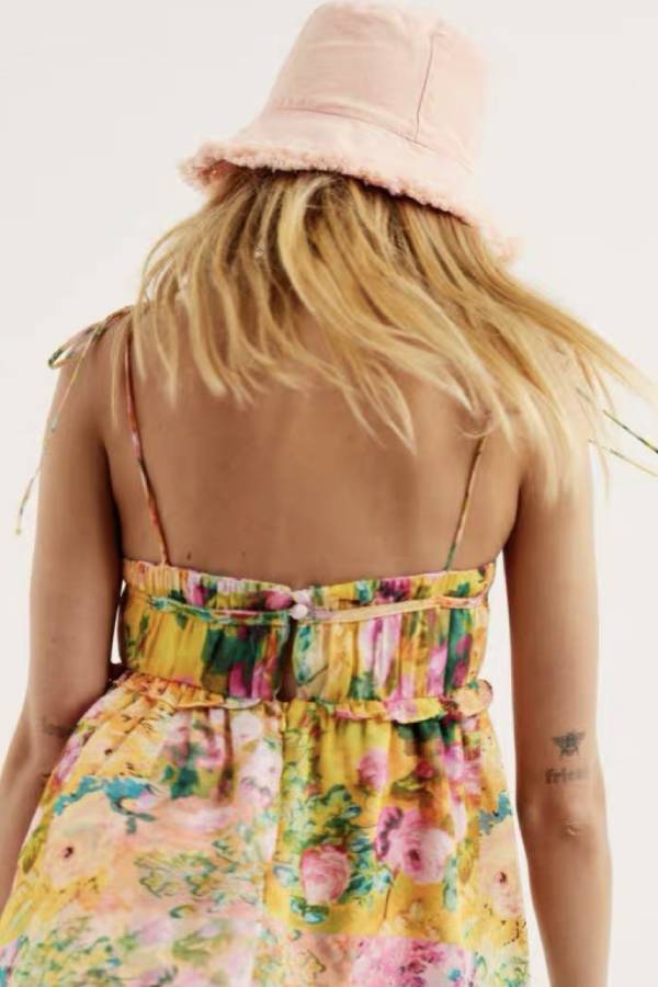 Oil Painting Floral Tie-Strap Cami Backless Mini Dress