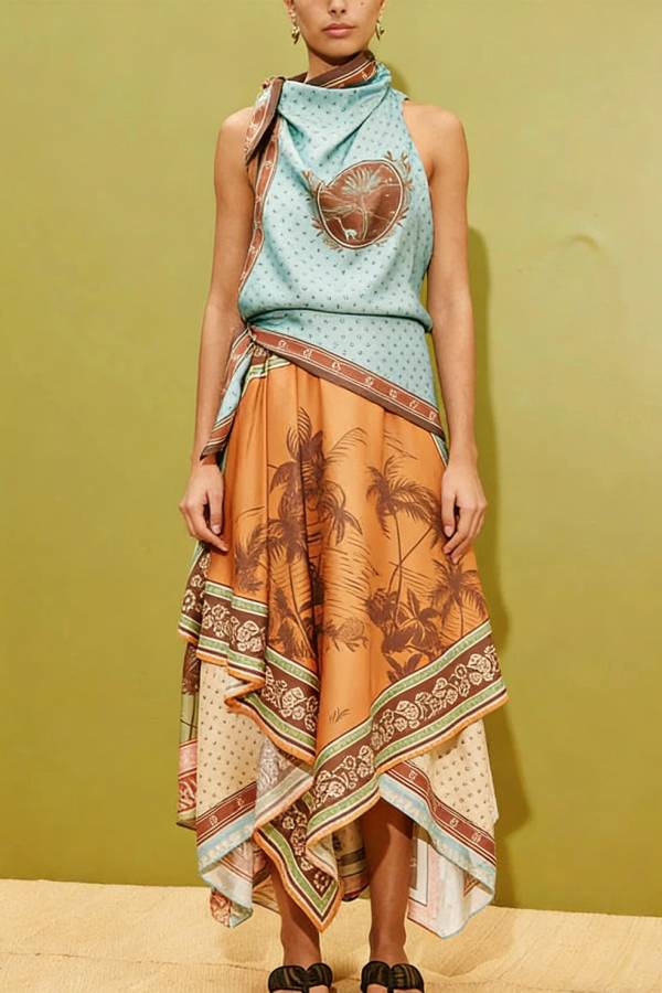 Alberta Satin Unique Color-blocked Print Tie Detail Layered Scarf Midi Dress
