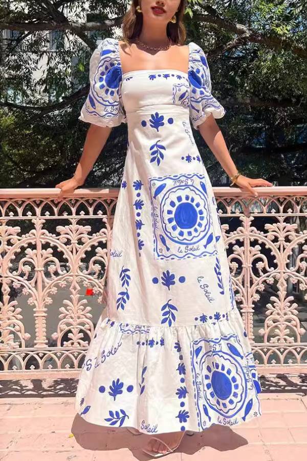 Looking for Sunshine Floral Print Square Neck Bubble Sleeve Maxi Dress Blue