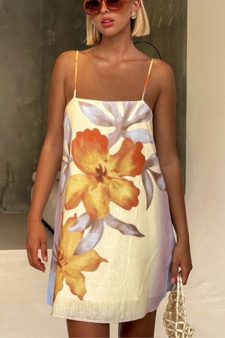 Summer Surprise Linen Blend Floral Print Slip H-line Mini Dress