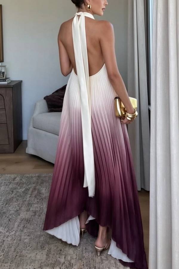Ombre Pleated Halter Neck Cutout Sleeveless Maxi Dress