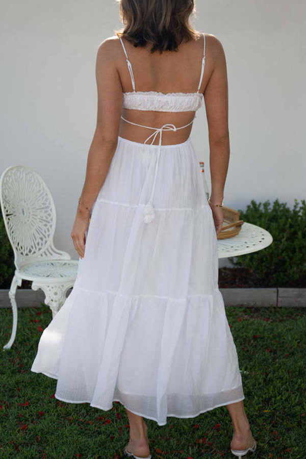 V-neck sleeveless solid color mosaic large swing long dress