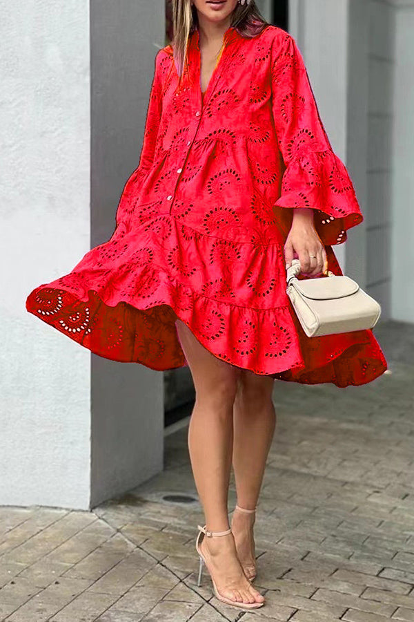 V Neck Embroidered Hollow Lace Flower Mini Dress Red