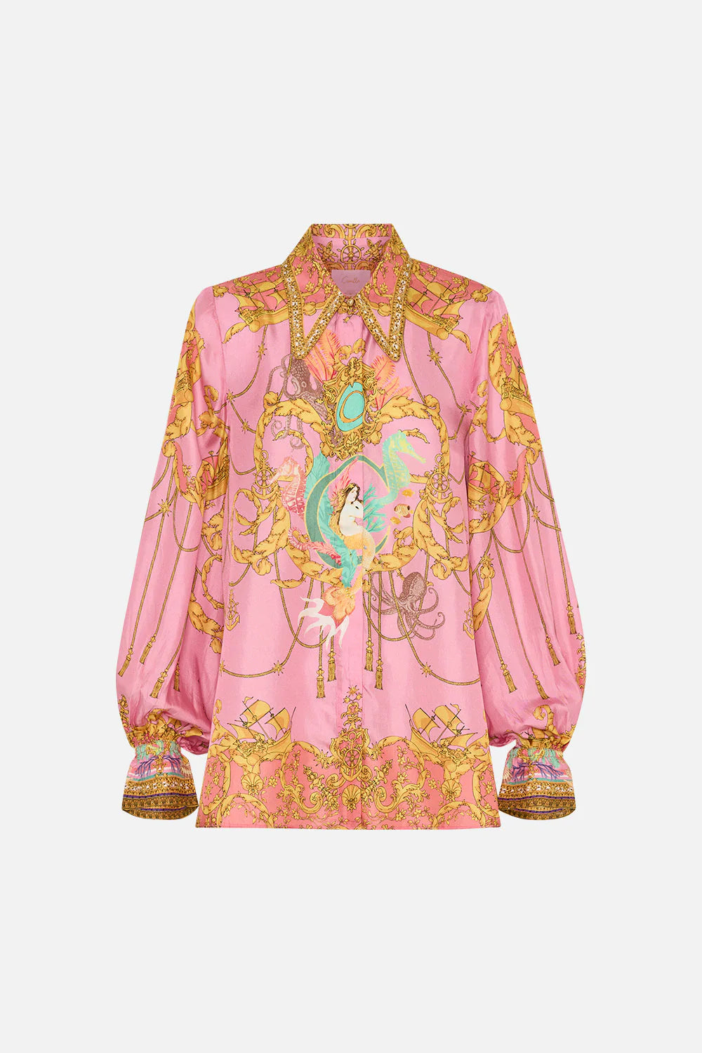 Mermaid Motel Unique Print Long Sleeve Loose Shirt and Elastic Waist Pants Set